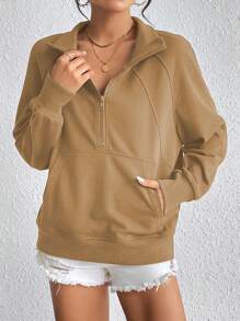 SHEIN Unity 女式拉鍊半扣領套頭衫,線插肩袖設計 - 卡其色 - 查看 1