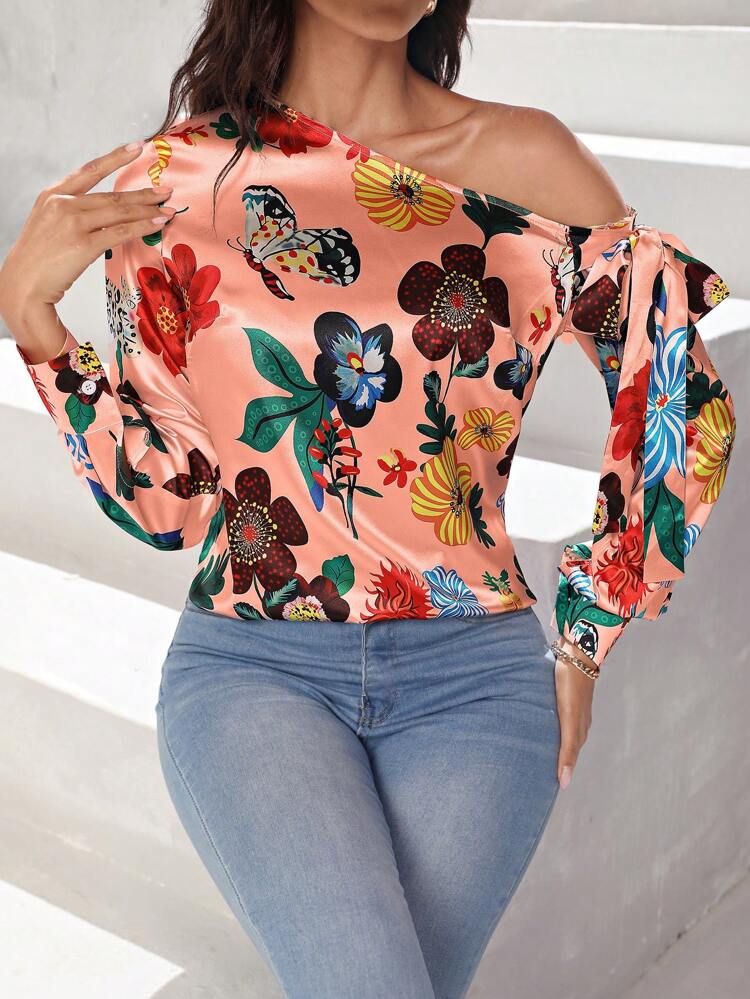 Floral Print Asymmetric Collar Shirt