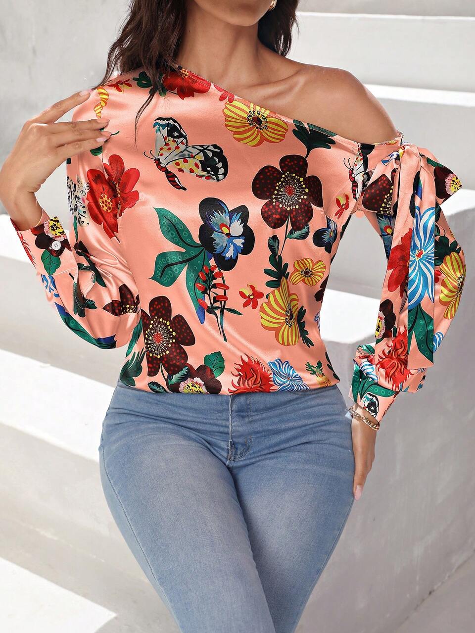 Floral Print Asymmetric Collar Shirt