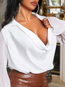 SHEIN SXY 女士垂褶寬鬆白色雪紡襯衫 - 白色 - 查看 3