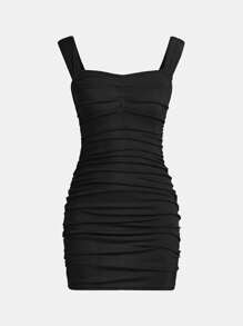 SHEIN Girlism Chica adolescente Vestido de tirantes unicolor fruncido - Negro - Ver 1