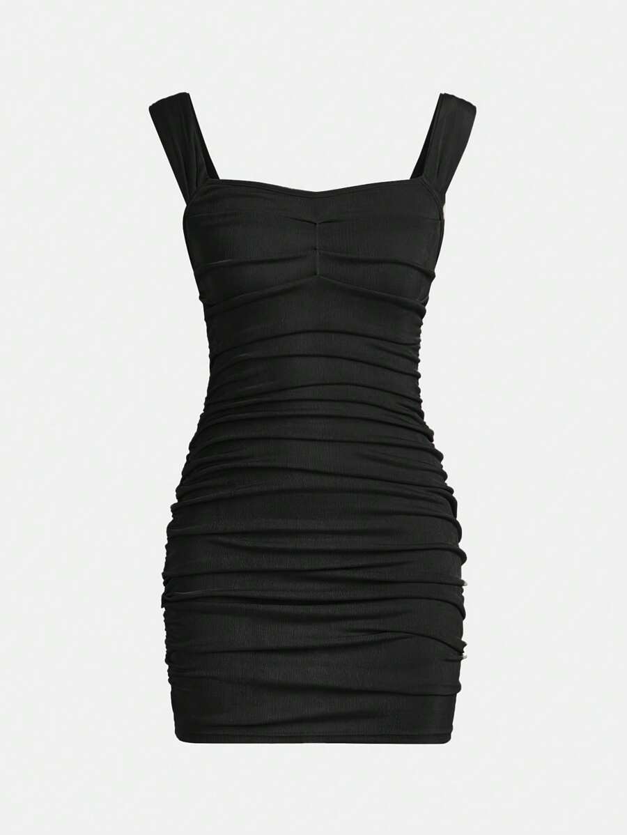 SHEIN Girlism Chica adolescente Vestido de tirantes unicolor fruncido - Negro - Ver 1