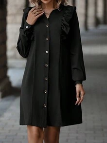 SHEIN LUNE Solid Color Single-breasted Dress - Black - View 5
