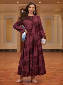 Mulvari 花卉印花锁孔领荷叶边下摆端庄长袖连衣裙 - 紅色 - 查看 6