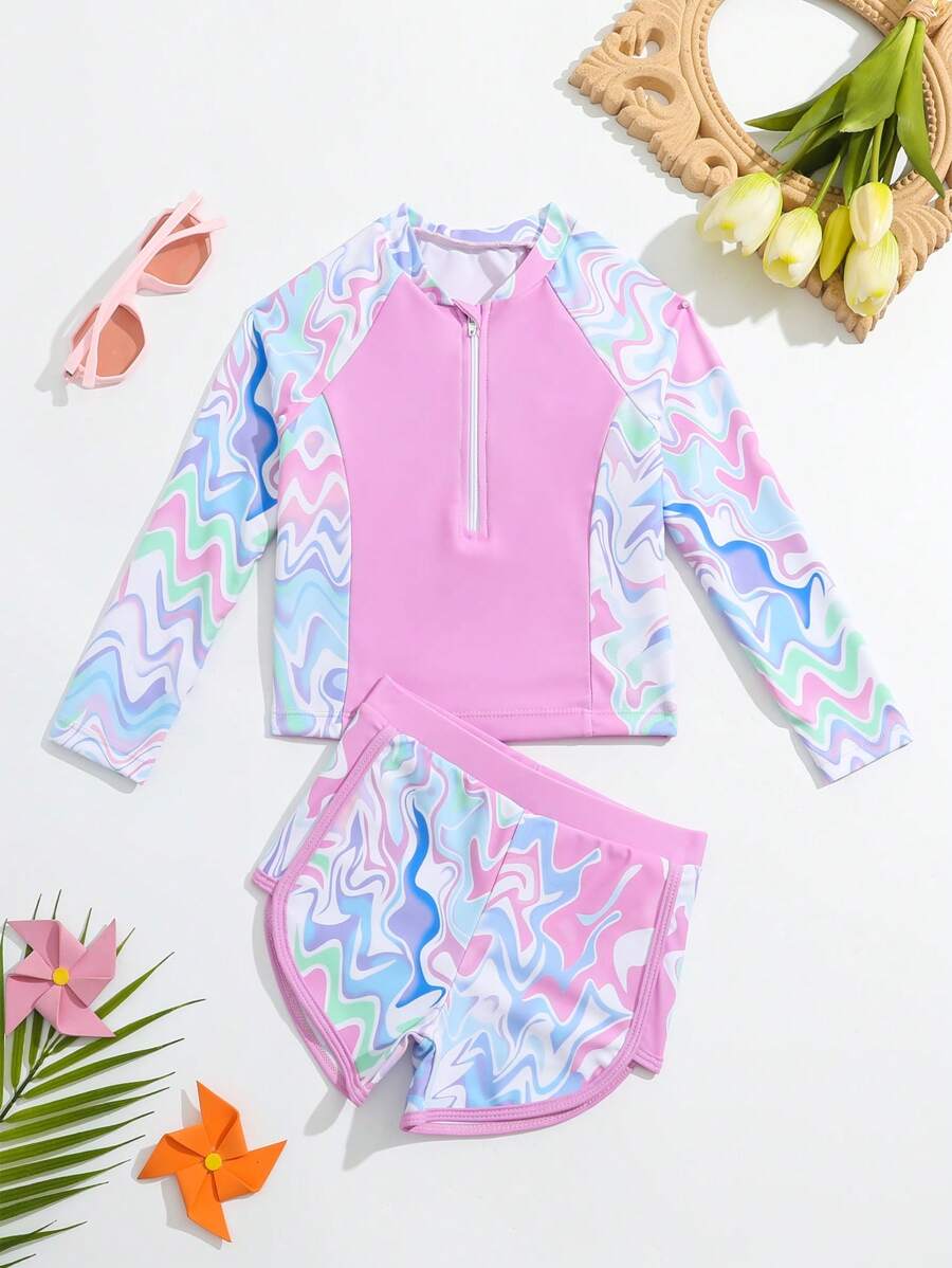 Young Girl Random Printed Raglan Sleeve Ruffled Rashguard Set Summer Beach - Pink - View 1