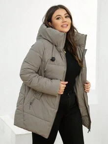 GASMAN Chaqueta de invierno con capucha, cordón y bolsillos para mujeres de talla grande - Caqui - Ver 6