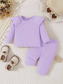 SHEIN 2pcs/set Comfortable Casual Daily Wear Warm Outfit For Baby Girls - Purple - View 1