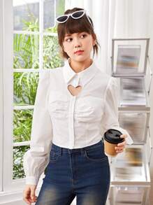 SHEIN Teen Girls' Heart Hollow Out Collared Long Sleeve Shirt - White - View 5