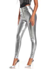 SHEIN BAE 高腰修身長褲 - 銀色 - 查看 4