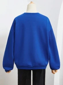 青少年女孩字母圖案落肩袖加絨內裏運動衫 - 寶藍色 - 查看 2