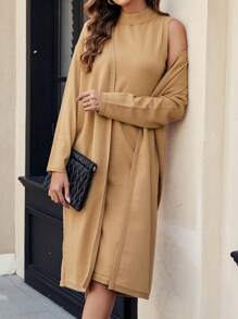 SHEIN LUNE 高领无袖开叉大腿毛衣连衣裙和开衫 - 駝色 - 查看 2