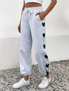 SHEIN Unity 心形印花束口腰束口運動褲 - 灰色 - 查看 3