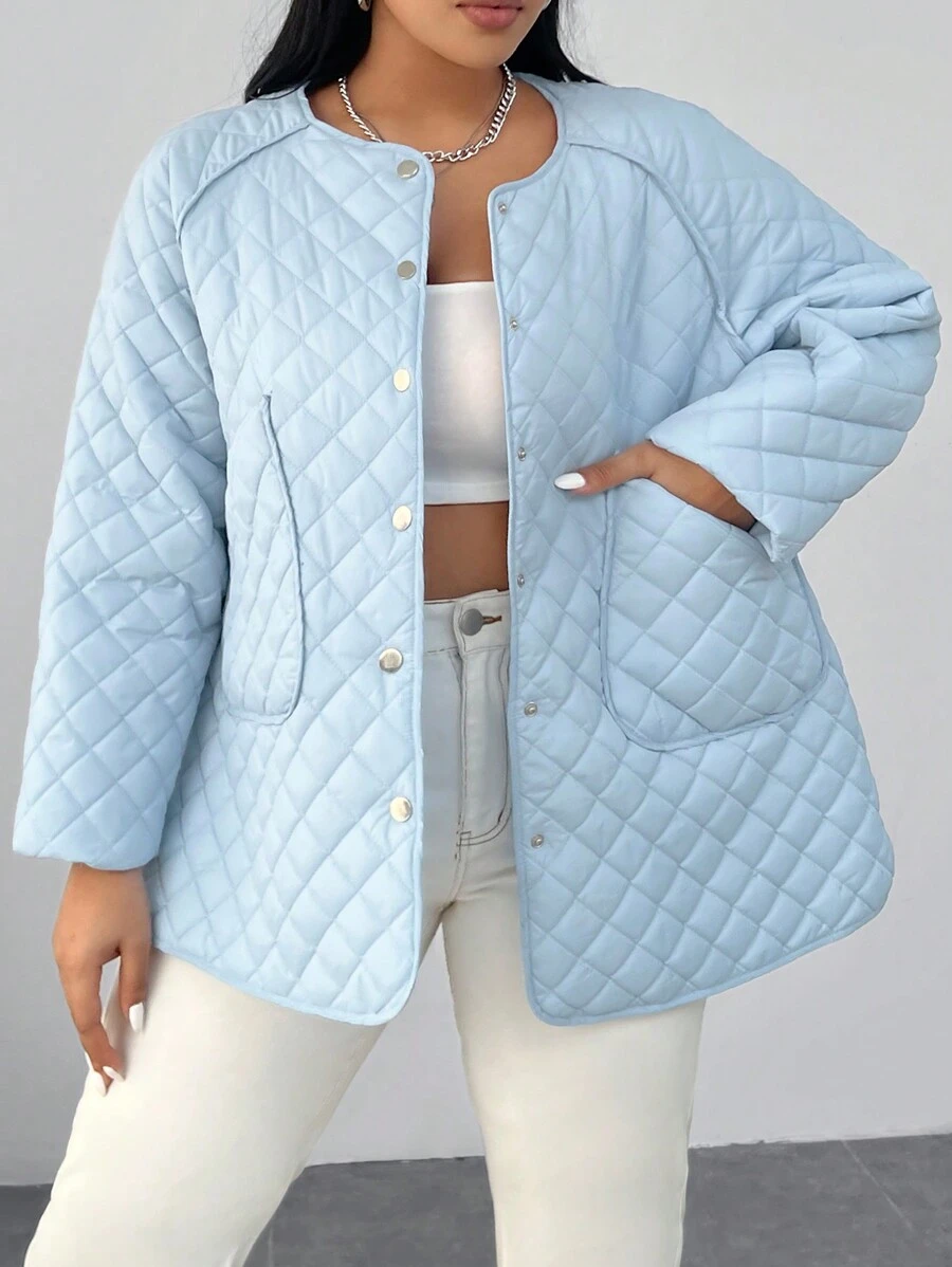 SHEIN EZwear 带缝线和纽扣设计的加大码夹棉大衣 - 藍色 - 查看 1