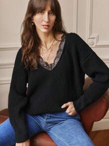 SHEIN Frenchy 女裝蕾絲拼接下垂肩毛衣 - 黑色 - 查看 3