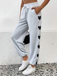 SHEIN Unity 心形印花束口腰束口運動褲 - 灰色 - 查看 4