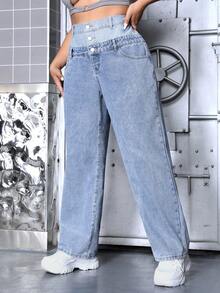 SHEIN ICON Plus Size Dual Waistband Design Denim Jeans - Blue - View 6