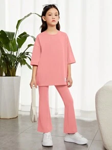 SHEIN Tween Girl Slogan Graphic Drop Shoulder Tee & Flare Leg Pants - Pink - View 3