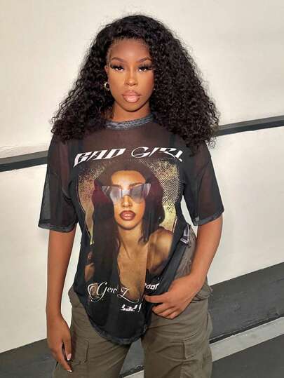 Slaydiva Music Festival Beach Vacation Casual Everyday Versatility Sexy Street Character And Letter Pattern Off Shoulder Mesh Short Sleeve Oversized/Graphic Tees Women/Graphic Tees/Graphic Tee/ Women's T-Shirt