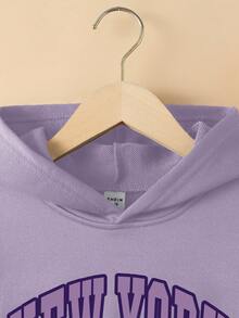 SHEIN Cô gái Tween Đồ họa Chữ cái Áo Hoodie & Quần thể thao - Màu tím - Xem 3