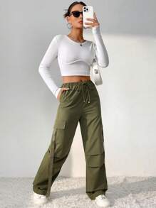 SHEIN Unity 掀蓋式口袋貨物褲 - 軍綠色 - 查看 6