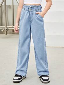 SHEIN 青少女基本休閒中藍色清爽質感牛仔褲,高腰寬鬆版型 - 淺色水洗藍 - 查看 3