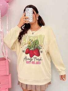 SHEIN EZwear Kích thước lớn Dâu tây & In Khẩu hiệu Thả vai Áo nỉ - Màu be - Xem 7