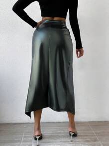 SHEIN Slayr Twist Front Wrap Hem PU Leather Skirt - Army Green - View 2