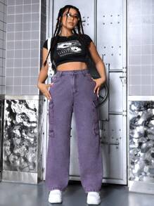 SHEIN ICON 大码翻盖口袋男友风牛仔裤 - 紫色 - 查看 4