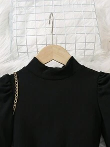 SHEIN 女孩法式泡泡袖立領上衣+百褶裙套裝 - 彩色 - 查看 3