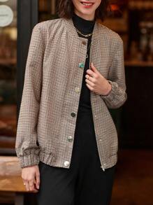 SHEIN Frenchy Chaqueta Cruzada Con Cremallera Frontal Y Patrón De Cuadrícula Para Mujer