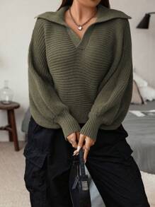 Flirla Suéter De Talla Grande Con Mangas Murciélago Y Cuello Redondo - Verde militar - Ver 3