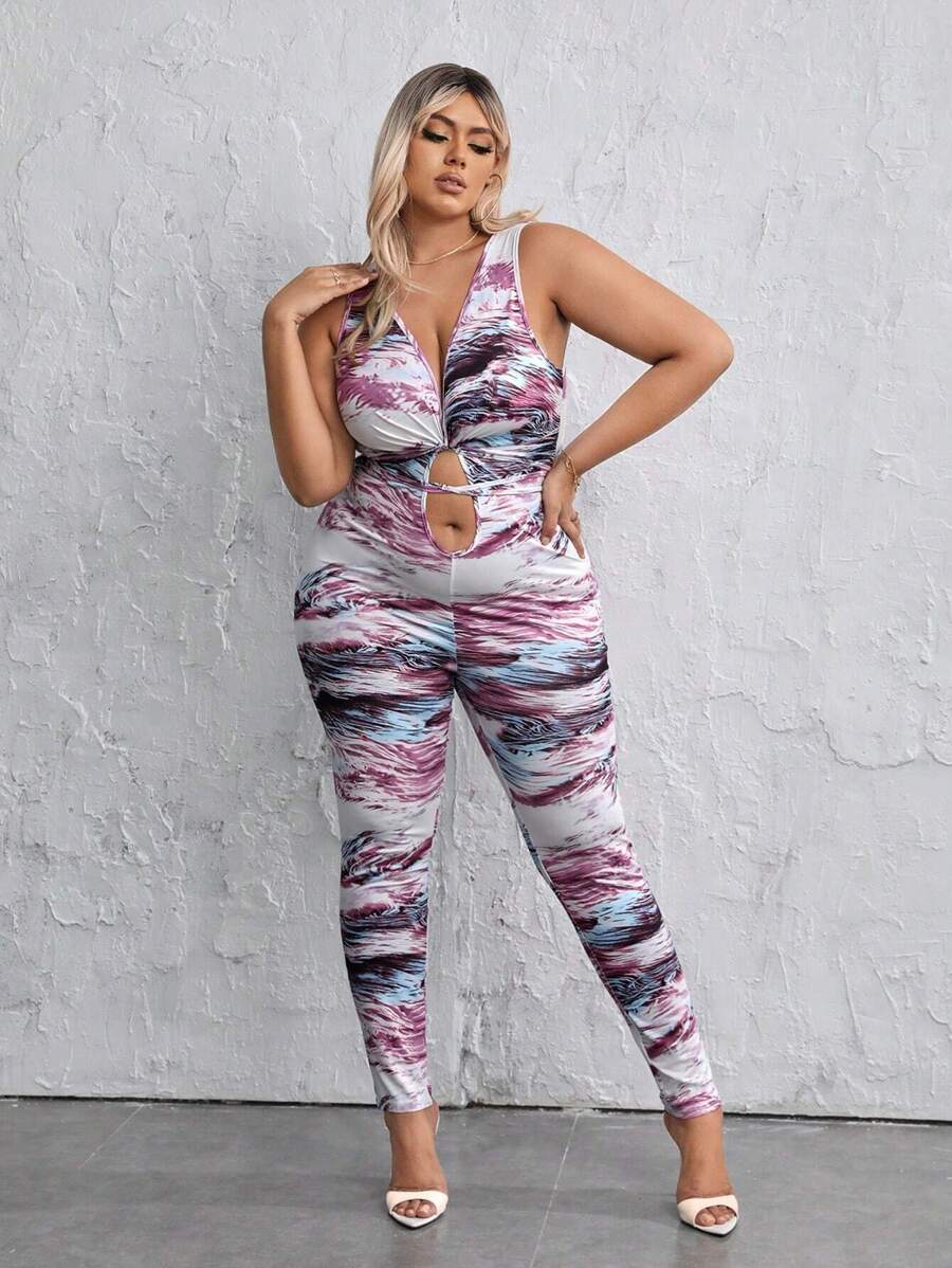 SHEIN SXY 大碼滿版印花鏤空彈力緊身連體褲 - 紫色 - 查看 1