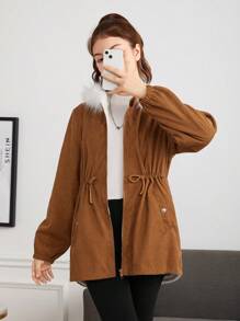 Teen Girls' Hooded Drawstring Waist Casual Jacket - Brown - View 3