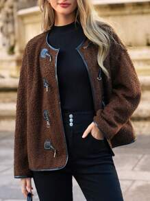 SHEIN Frenchy Contrast Binding Teddy Jacket