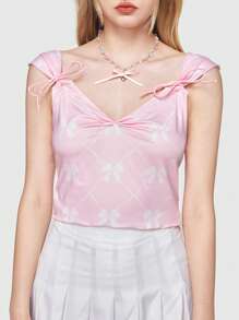 ROMWE Kawaii Của phụ nữ Nơ In ấn Xù Self Tie Mặt trước Áo ba lỗ - Hồng - Xem 4