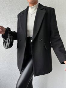 EURMUSE Women's Double-Breasted Overcoat With Lapel Collar - Black - View 3