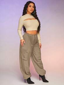 SHEIN Women's Side Pocket Drawstring Design Wide-legged Casual Long Pants