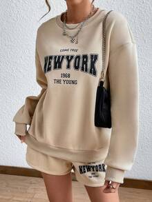 SHEIN Unity Women'S Letter Print Drop Shoulder Sweatshirt And Shorts Two-Piece Set - Khaki - View 5