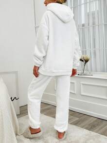 SHEIN Cottnline Slogan Embroidery Drop Shoulder Teddy Fleece Hoodie And Pants Set - White - View 2