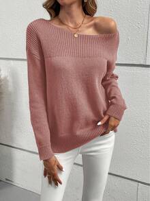 SHEIN Essnce 女款休閒不對稱領口落肩毛衣 - 鏽棕色 - 查看 6