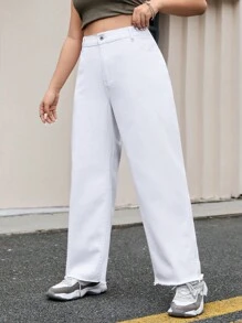 SHEIN Privé Plus Size Solid Color High Waist Fringed Denim Jeans