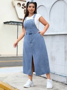 SHEIN EZwear 大尺碼牛仔分裂背帶裙 - 中等水洗藍 - 查看 5