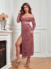 Double Crazy Asymmetrical Neck Split Thigh Sequin Cocktail Dress - Pink - View 7