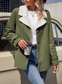SHEIN LUNE Women'S Collared Single Breasted Thermal Lined Coat - Army Green - View 1