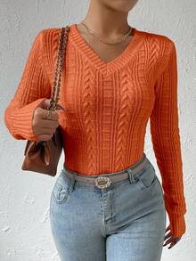 SHEIN Unity V-Neck Pullover Textured Sweater - Orange - View 6