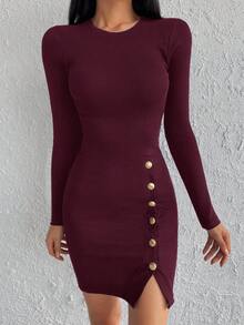 RueChic 純色修身圓領連身裙 - 紫紅色 - 查看 3