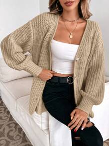 SHEIN Essnce 前紐扣落肩袖開襟衫 - 卡其色 - 查看 3