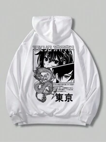 ROMWE MEN Anime Men's White Hoodie With Cartoon Printed On Back - White - View 1