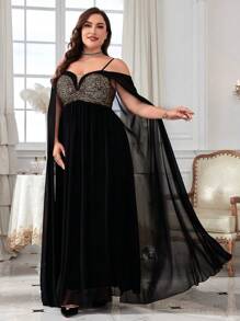 Plus Size Sleeveless Halter Neck Sequined Party Dress Black Elegant Long Sleeve Formal Evening Prom Wedding Guest Gown, For Graduation, Dinner - 黑色 - 查看 1