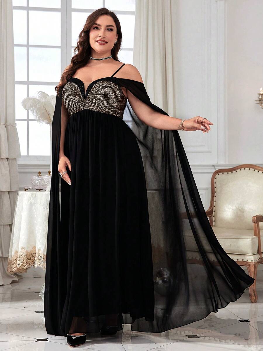 Plus Size Sleeveless Halter Neck Sequined Party Dress Black Elegant Long Sleeve Formal Evening Prom Wedding Guest Gown, For Graduation, Dinner - 黑色 - 查看 1